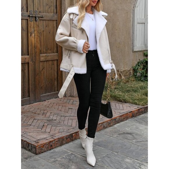 Women beige LY VAREY LIN Faux Leather Sherpa Aviator Bomber Jacket - Picture 5 of 7